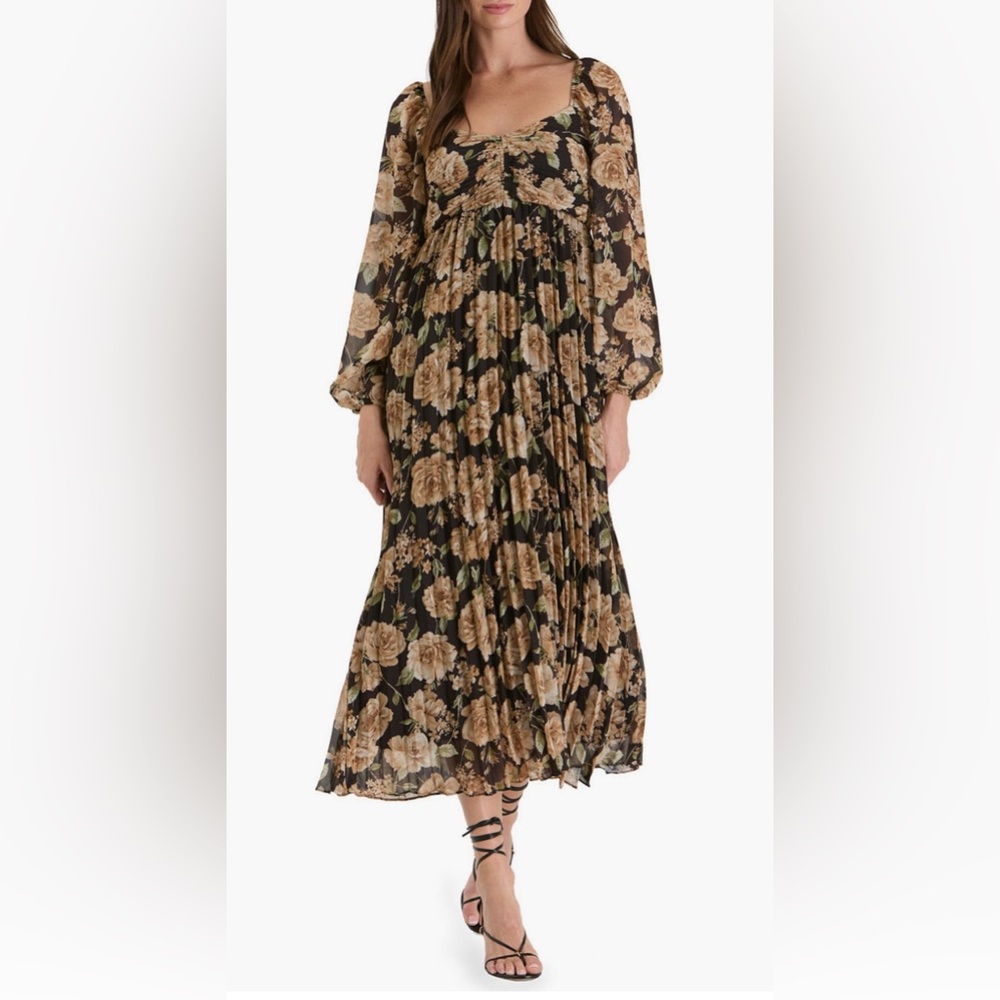 AUGUST SKY FLORAL MAXI DRESS LONG SLEEVE EMPIRE WAIST WOMEN HUNTER GREEN MULTI L